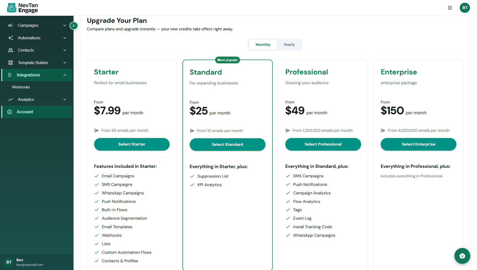 The Upgrade Plan tab
