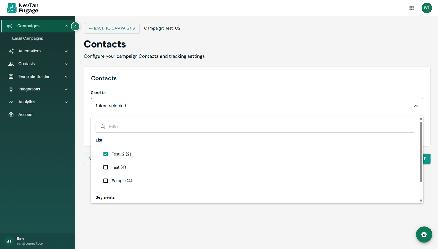 Selecting lists and segments as recipients