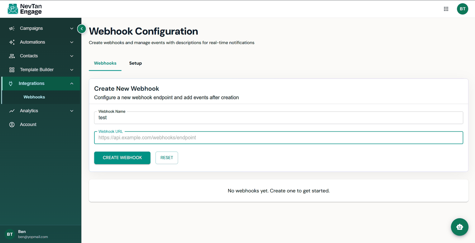 The webhook configuration page
