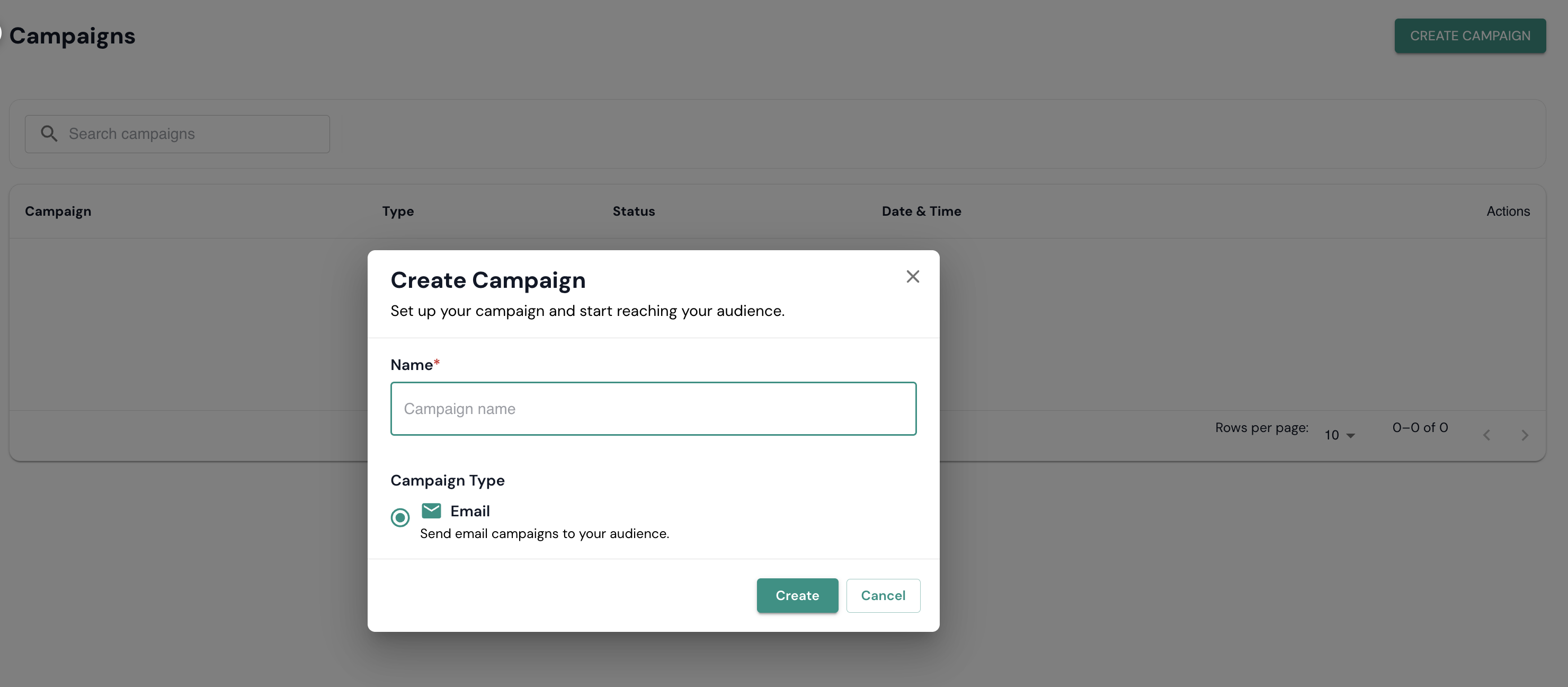 Enter a campaign name and choose Email as the campaign type.