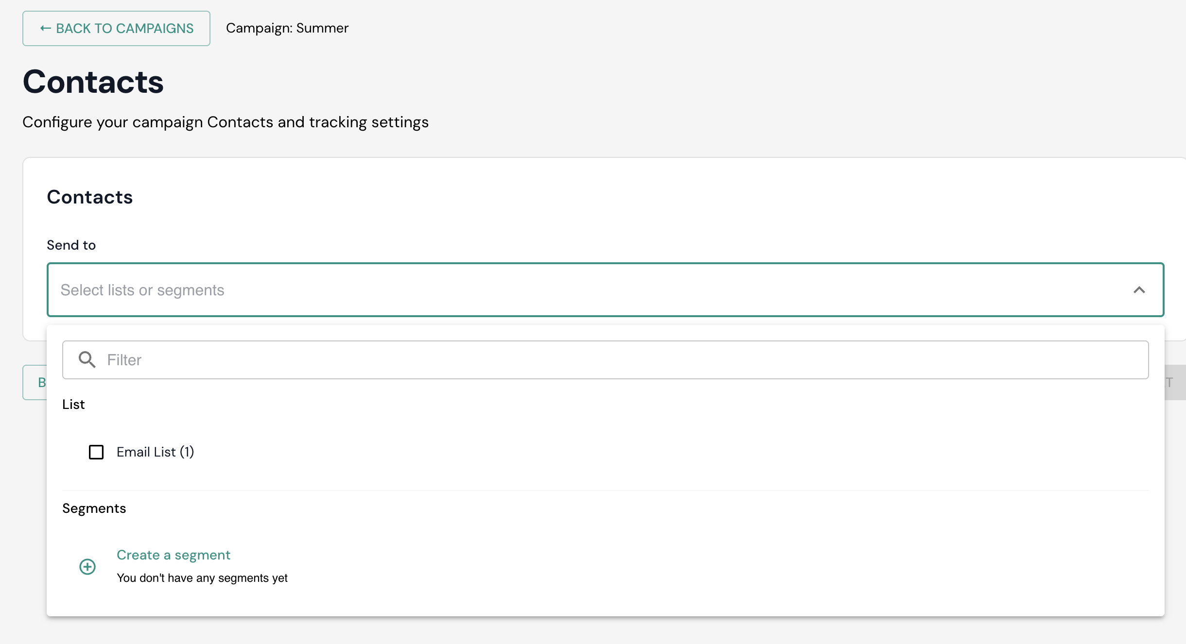 Choose lists or segments and review the recipient count.